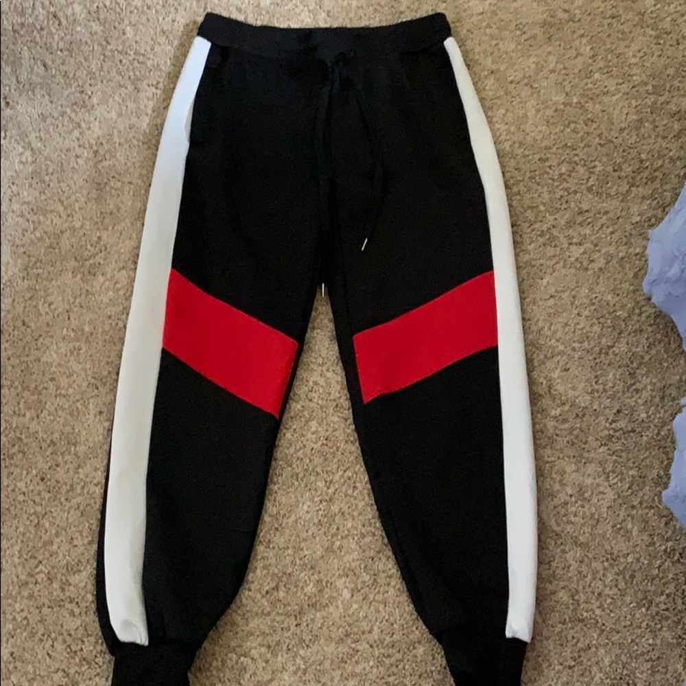 Red black and white joggers